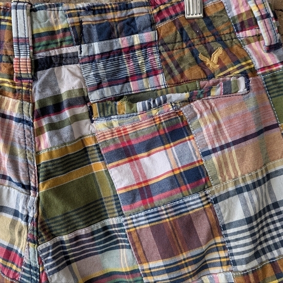 VTG Y2K AEO Madras Plaid Patchwork Shorts Flat Front Size 34 - Picture 6 of 10